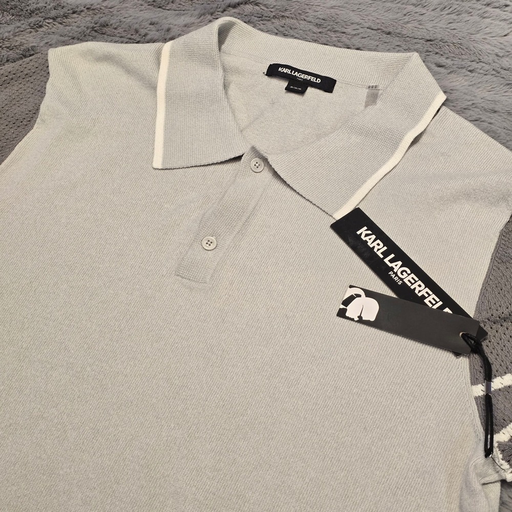 Karl Lagerfeld Paris Mens Gray Knit Polo Shirt Colorblock Stripe Size M NEW